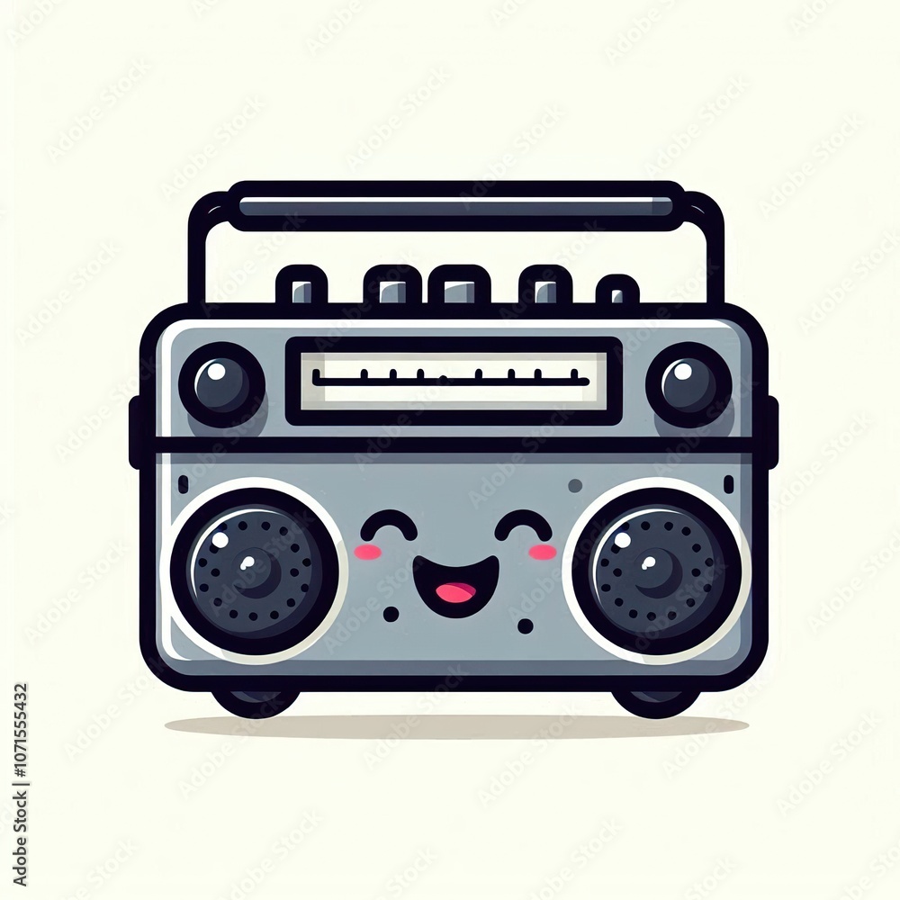 a cute happy boombox cartoon character, funny, smile, white background a cute happy boombox cartoon character, funny, smile, white background