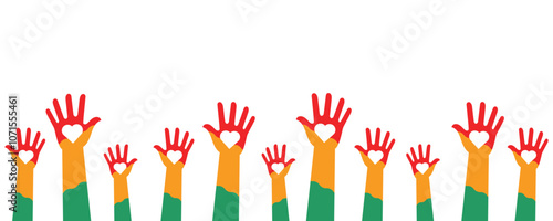 Illustration of hands raised in Black History Month campaign colors. illustration with transparent background for Black History Month and Black Lives Matter campaign.