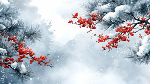 Illustration Winter Wonderland Red Berries Pine Snowfall photo