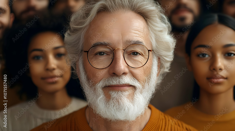 Close-up Portrait of a Senior Man with a White Beard and Glasses in a Crowd of People
