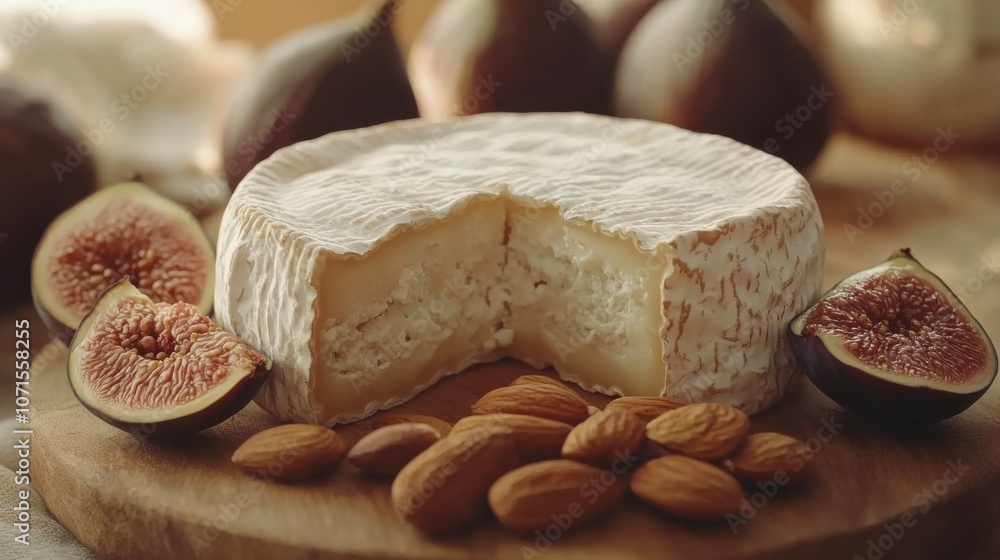 Fototapeta premium Delicious Cheese and Nut Assortment with Figs on Rustic Wooden Board, Artisanal Cheese, Creamy Brie, Almonds, Fresh Figs, Gourmet Food, Rustic Table Setting, Snack, Appetizer, Healthy Eating, Food