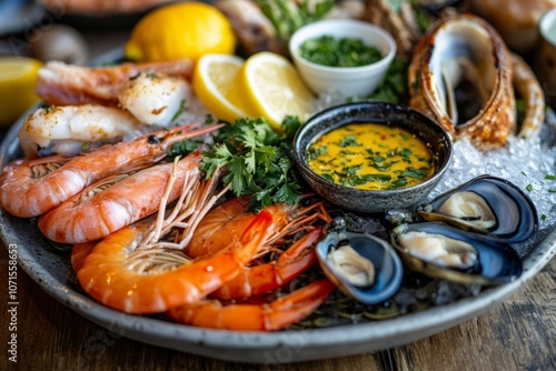 A vibrant seafood platter showcases fresh shrimp, oysters, and lemon. This dish epitomizes luxury dining and coastal cuisine. Perfect for food lovers. Generative AI photo