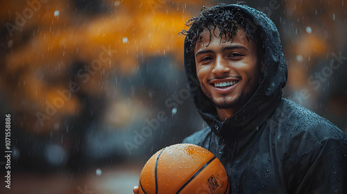 Smiling Man in Rain with Ba...