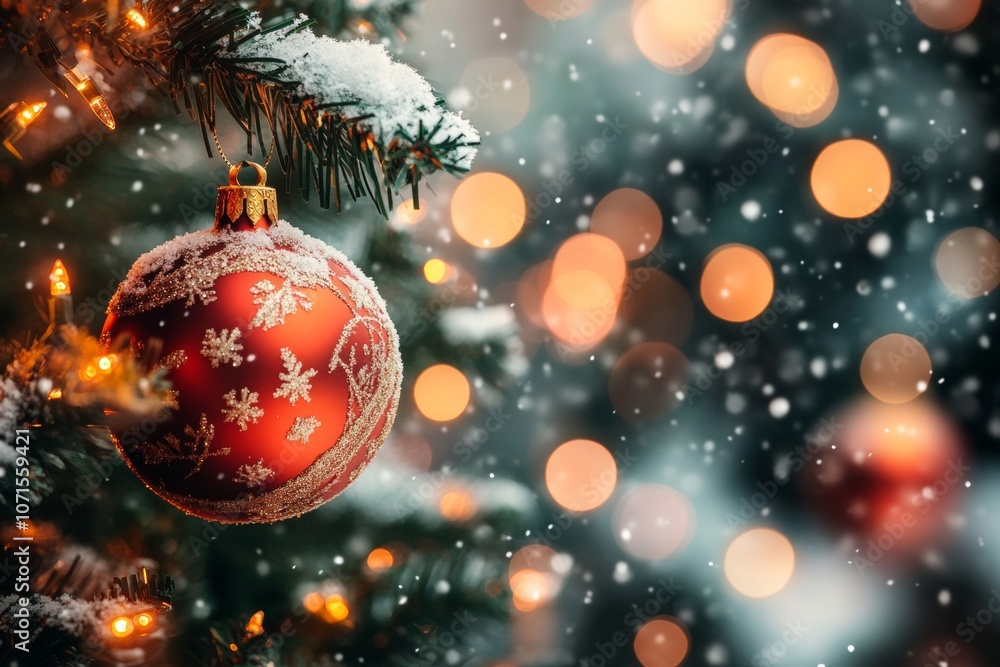 Red Christmas ball ornament hanging on green fir tree branch, surrounded by twinkling lights, symbolizing festive holiday cheer. Red Christmas ball ornament hanging on green fir tree branch, surrounded by twinkling lights, symbolizing festive holiday cheer.