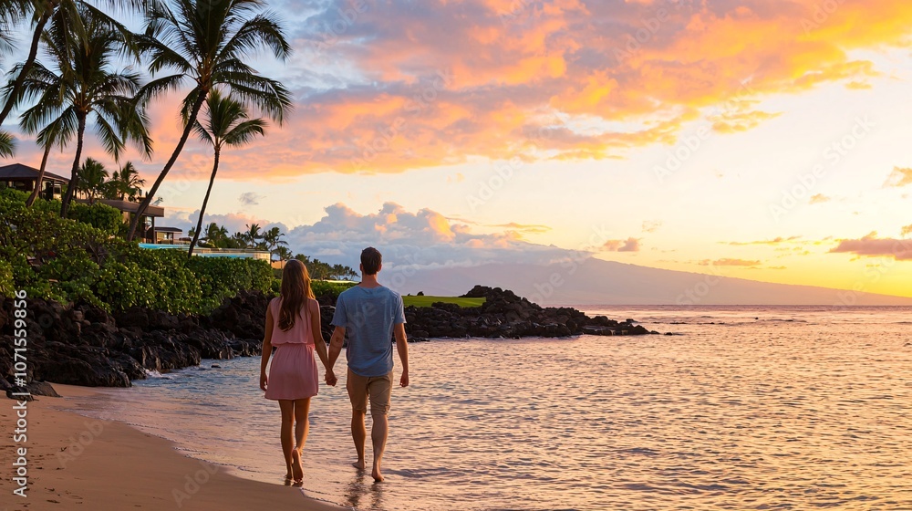 Fototapeta premium Couple Walking Hand in Hand Along the Shoreline at Sunset