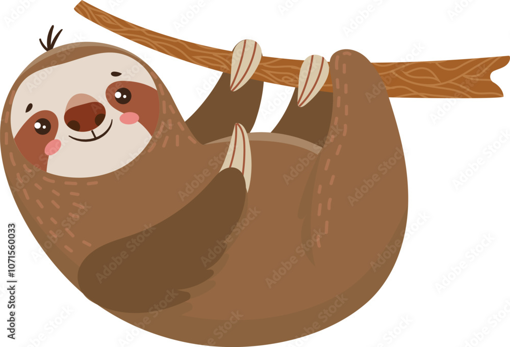 Obraz premium Cartoon illustration of a cute smiling sloth hanging upside down from a tree branch, enjoying its peaceful existence in nature