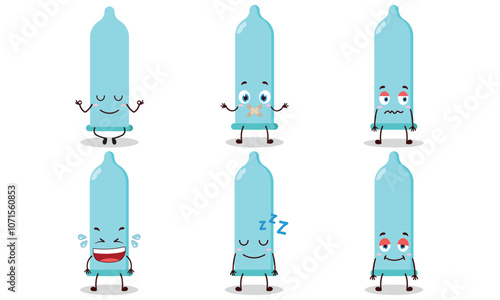 funny blue condom cartoon with various expressions design illustration