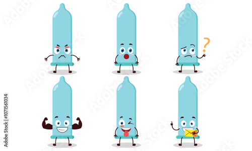 funny blue condom cartoon with different expressions character design illustration