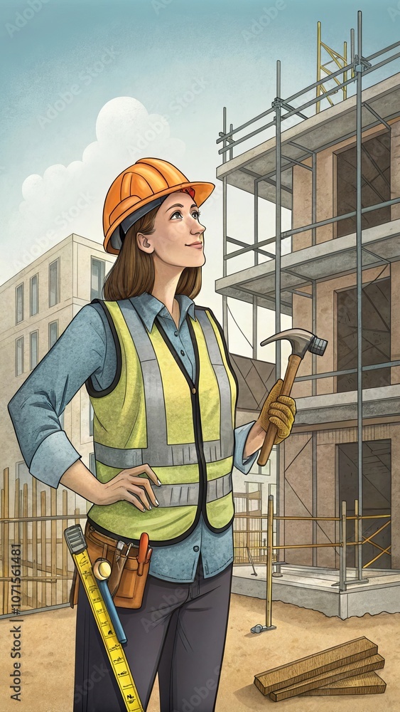 Confident female construction worker at a building site with tools Confident female construction worker at a building site with tools