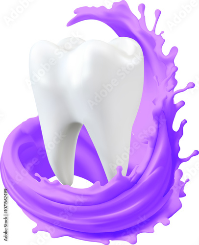Healthy tooth with Purple toothpaste to correct yellow teeth Symbol of teeth hygiene and cleanliness, dental health realistic vector illustration