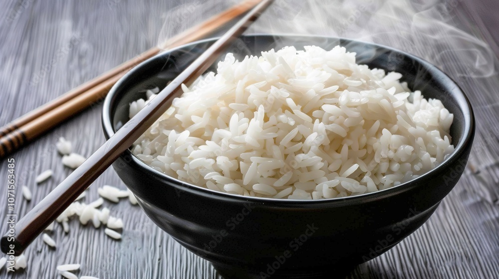 Steaming Bowl of Rice - a warm and inviting culinary visual. The bowl of rice, paired with chopsticks, evokes a sense of comfort and cultural richness.