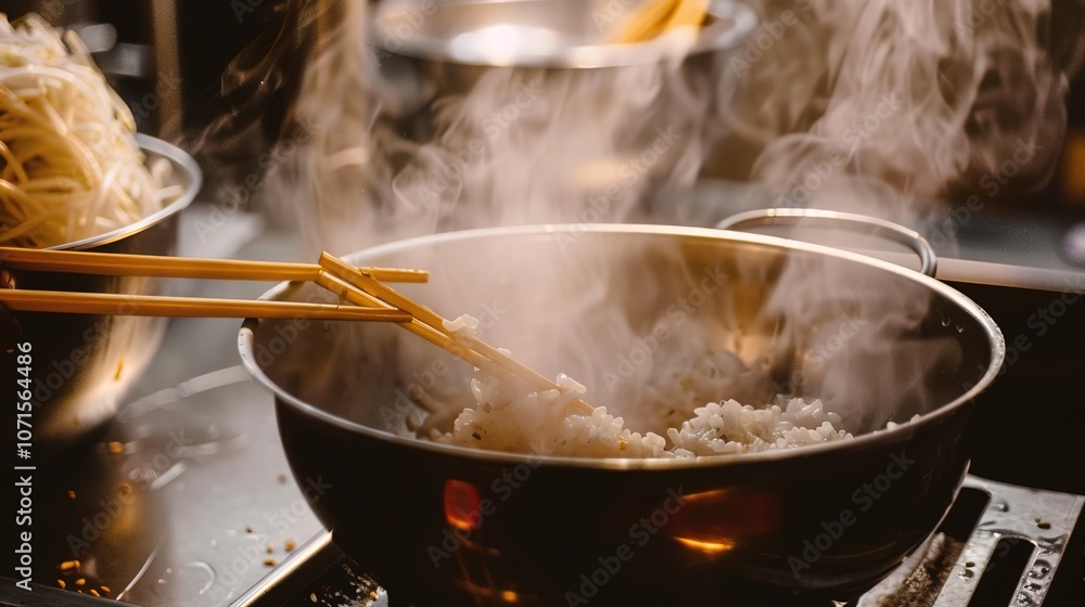 Steaming Bowl of Rice - a warm and inviting culinary visual. The bowl of rice, paired with chopsticks, evokes a sense of comfort and cultural richness. Steaming Bowl of Rice - a warm and inviting culinary visual. The bowl of rice, paired with chopsticks, evokes a sense of comfort and cultural richness.