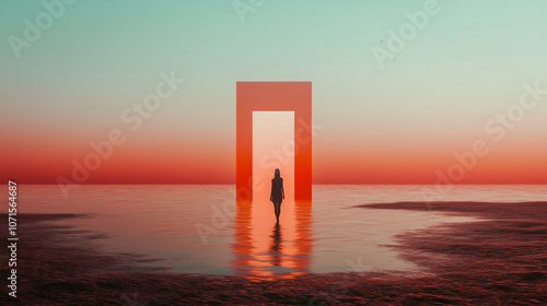 Silhouette of a person standing before a surreal doorway over calm water, set against a vibrant, dreamlike sunset sky