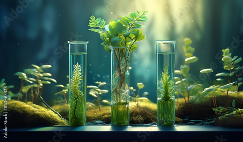 laboratory test tube biology science genetically modified plants sapling green plant in water structure of reproduction of organisms moss and fungi abstract concept background.