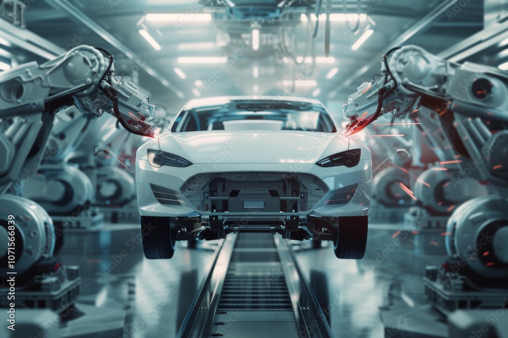 Fototapeta premium Robot welder in automobile industry. White robots welding car body on automobile factory. The robots draw the outline of the concept car with a laser ray or beam