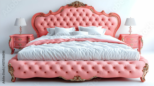 Pink Upholstered Bed with G...