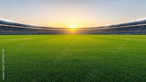 Full stadium at sunrise, golden light, expansive field, calm before the game, wide panorama, serene sports setting photo