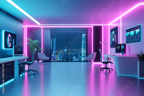 Futuristic office interior with neon lights and cityscape view at night. photo