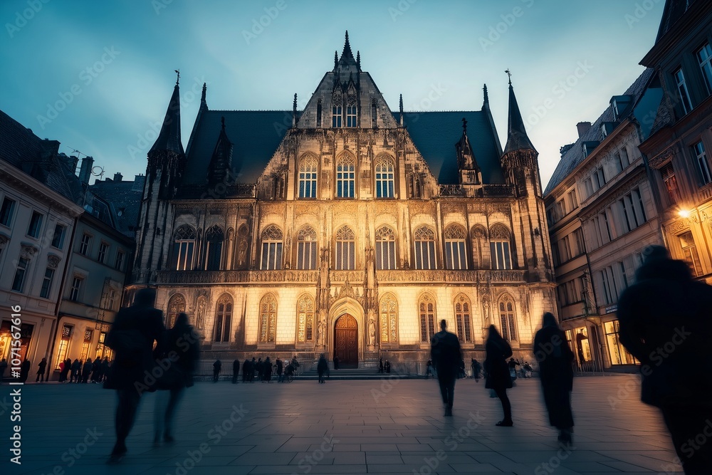 Fototapeta premium Gothic architecture illuminated at dusk with blurred silhouetted pedestrians.