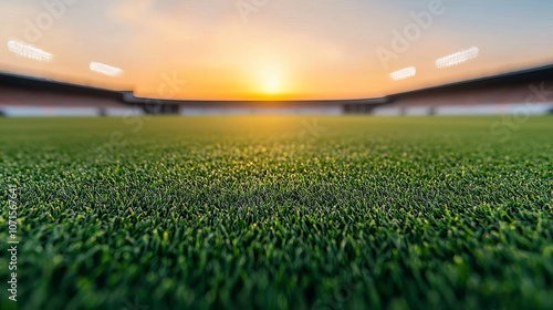 Quiet stadium during sunrise, empty field, warm tones, peaceful sports arena, highdefinition panorama, atmospheric calm