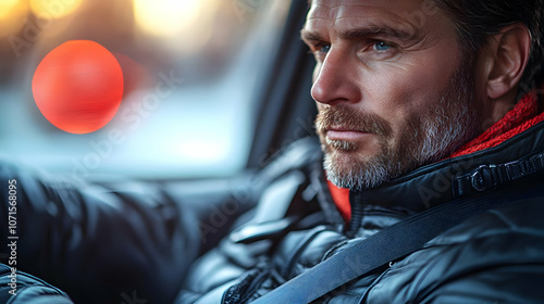 Man in a Car, Wearing a Bla...