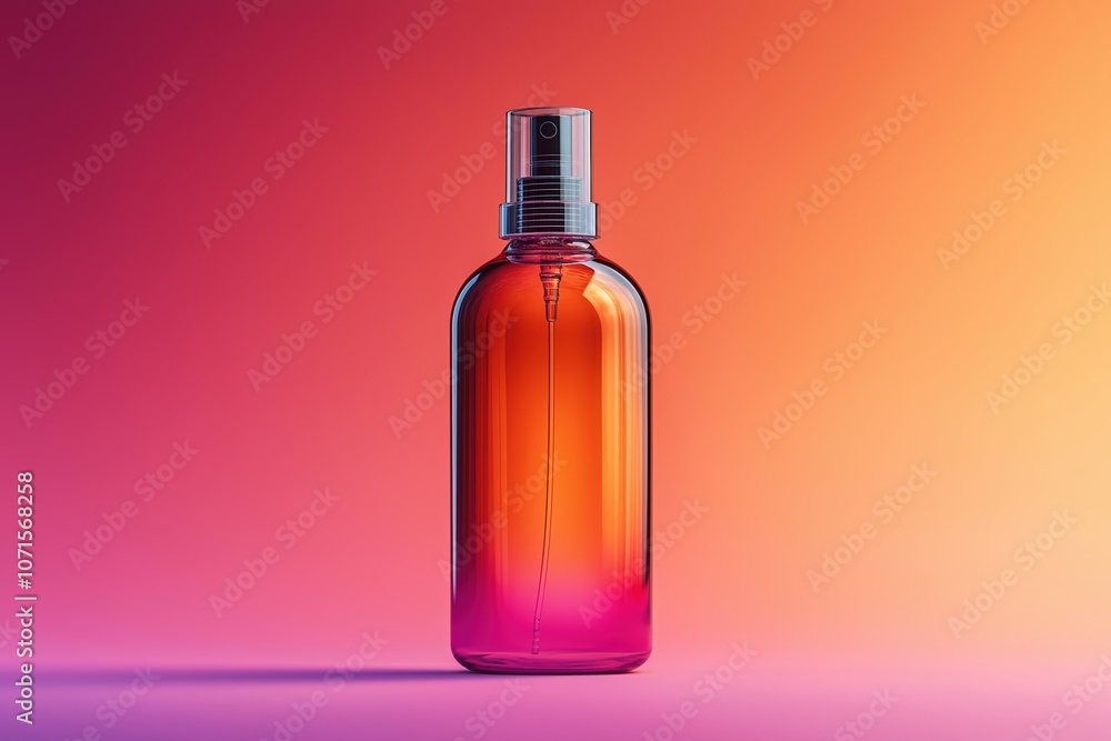 A sleek glass spray bottle filled with colorful liquid against a vibrant gradient background A sleek glass spray bottle filled with colorful liquid against a vibrant gradient background