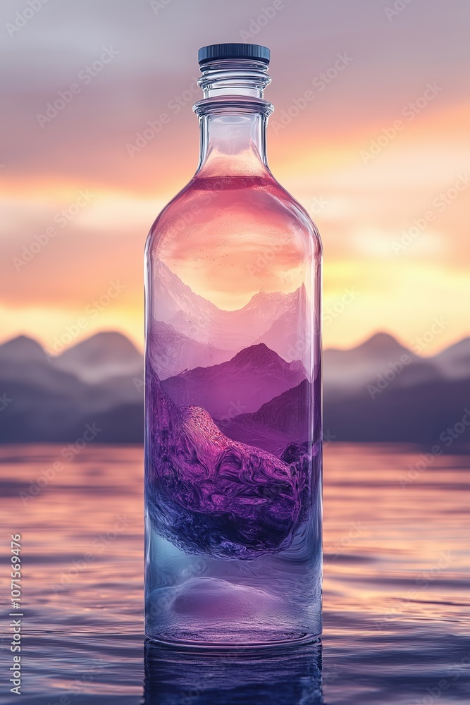 A bottle captures a breathtaking landscape at sunset over a serene water body A bottle captures a breathtaking landscape at sunset over a serene water body