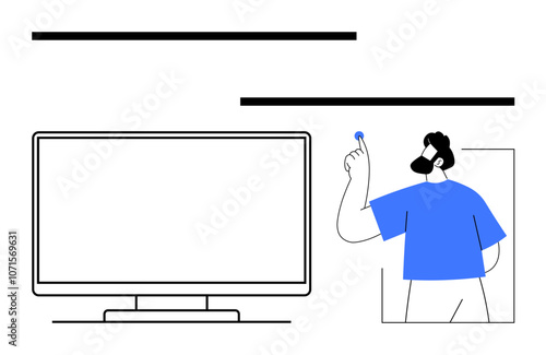 Person pointing at a large blank screen while holding a blue marker. Ideal for presentations, teaching, explaining, digital education, training, tutorials, corporate meetings, and strategy sessions