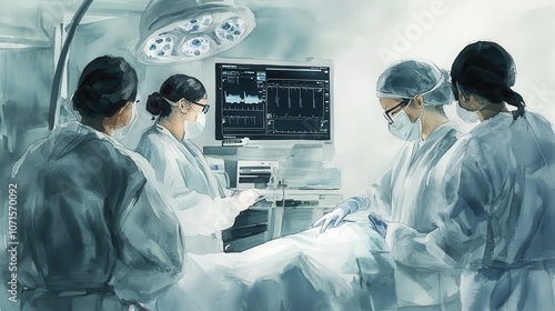 Watercolor Medical Team in Operating Room Scene