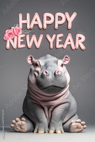 Happy New year Cards: Cute Neon Background Baby Hippo Illustrations photo