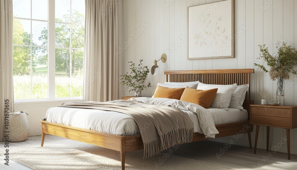 Fototapeta premium Bright Mid-Century Bedroom with Natural Light