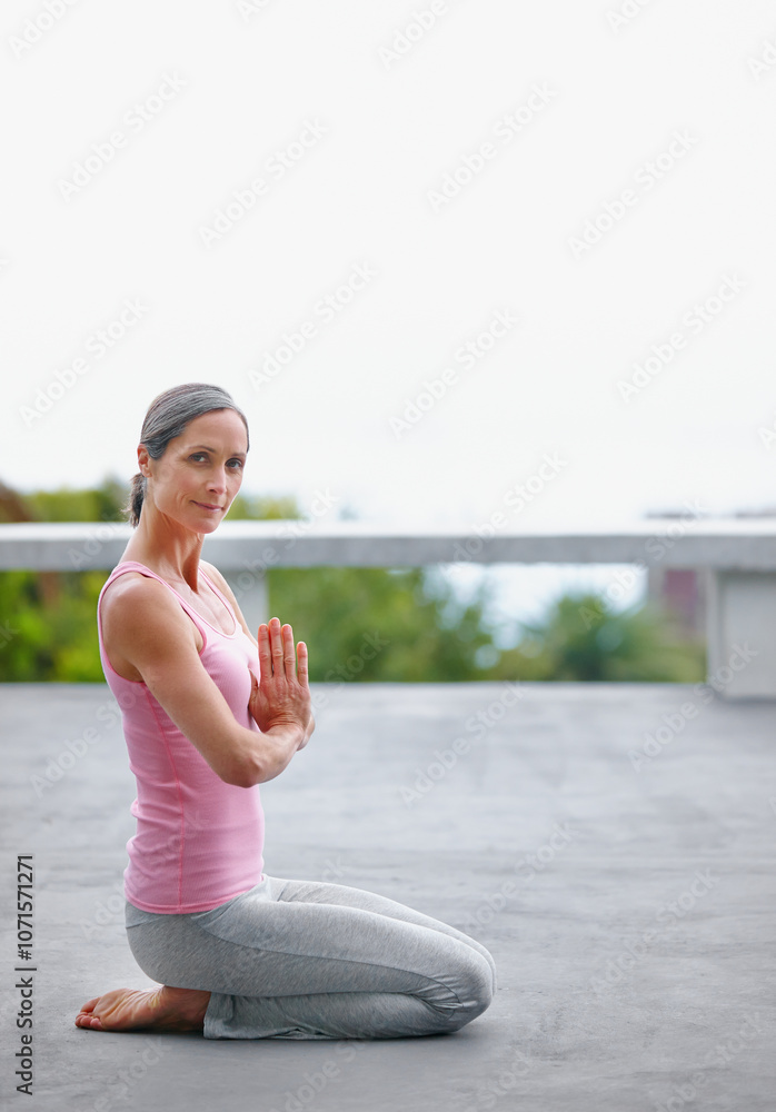 Woman, face and namaste with yoga outdoor for holistic fitness, mindfulness and peace of morning routine. Portrait, mature person and chakra of meditation, healing and mental health of wellness space Woman, face and namaste with yoga outdoor for holistic fitness, mindfulness and peace of morning routine. Portrait, mature person and chakra of meditation, healing and mental health of wellness space