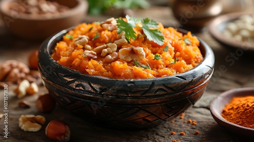 North Indian gajar ka halwa sweet carrot pudding made with grated carrots milk sugar and nuts perfect for dessert photo