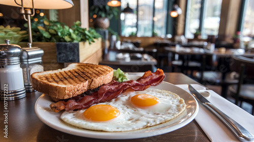 A classic breakfast with crispy bacon and sunny-side-up eggs on a white plate, set against a warm restaurant background, ideal for food photography and breakfast-themed visuals. 