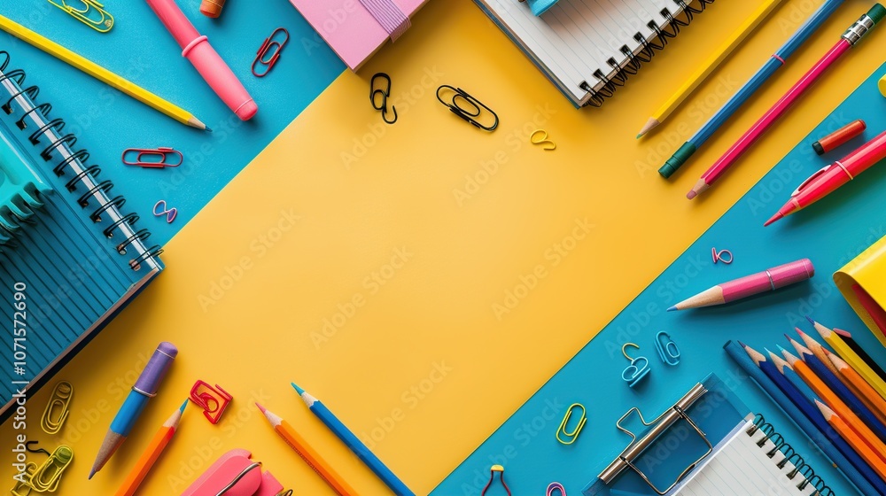 Flat lay of colorful stationery on a blue and yellow background with copy space in the center. Flat lay of colorful stationery on a blue and yellow background with copy space in the center.