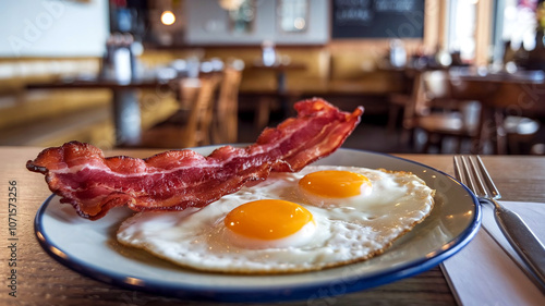 A classic breakfast with crispy bacon and sunny-side-up eggs on a white plate, set against a warm restaurant background, ideal for food photography and breakfast-themed visuals. 