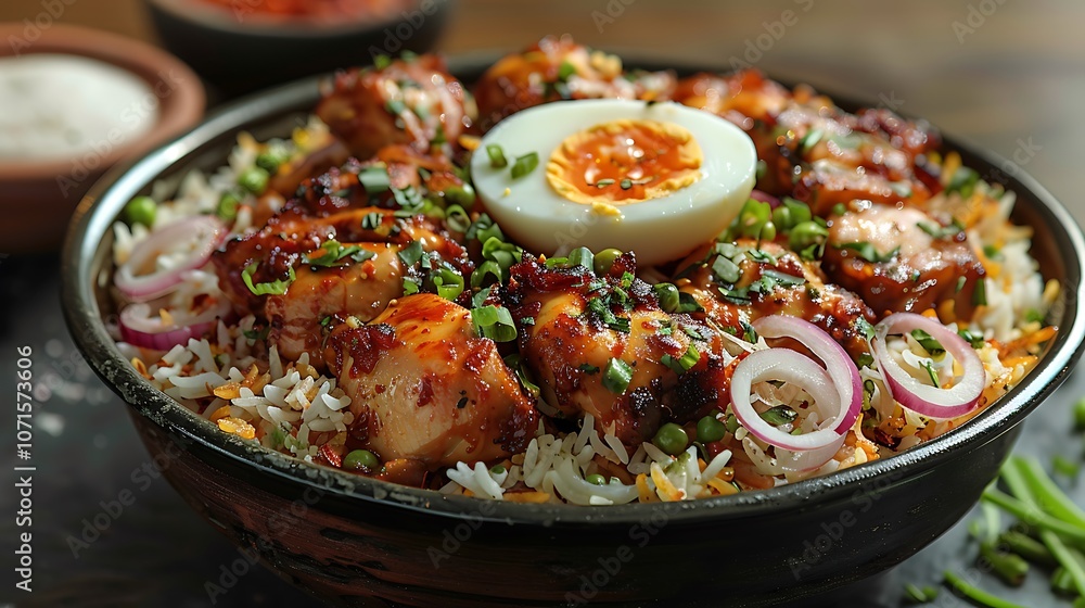 Hyderabadi biryani aromatic basmati rice marinated chicken saffron fried onions and garnished with boiled eggs Hyderabadi biryani aromatic basmati rice marinated chicken saffron fried onions and garnished with boiled eggs