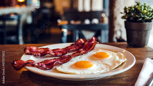 A classic breakfast with crispy bacon and sunny-side-up eggs on a white plate, set against a warm restaurant background, ideal for food photography and breakfast-themed visuals. 