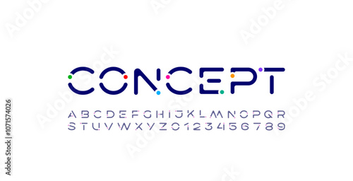 Font alphabet creative modern with multi-colored dots, letters A, B, C, D, E, F, G, H, I, J, K, L, M, N, O, P, Q, R, S, T, U, V, W, X, Y, Z and numerals 0, 1, 2, 3, 4, 5, 6, 7, 8, 9