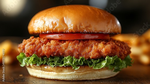 Indiana pork tenderloin sandwich breaded fried served with lettuce and tomato on a soft bun photo