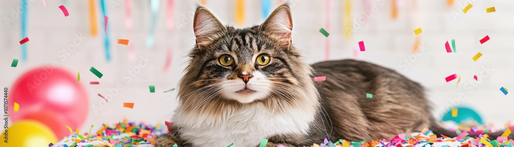 Pet streamers and confetti for a New Year celebration concept. A festive cat surrounded by colorful confetti and balloons, creating a playful and joyful atmosphere Pet streamers and confetti for a New Year celebration concept. A festive cat surrounded by colorful confetti and balloons, creating a playful and joyful atmosphere