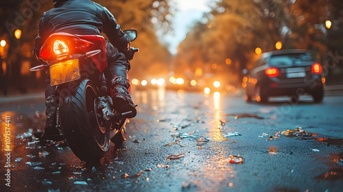Motorcycle on Wet Road with...