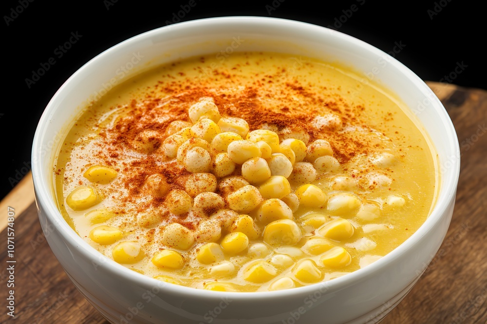 A medium shot of a creamy corn soup in a bowl A medium shot of a creamy corn soup in a bowl
