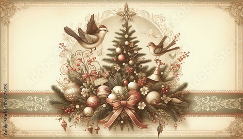 Nostalgic Christmas Scene with Decorated Tree and Birds