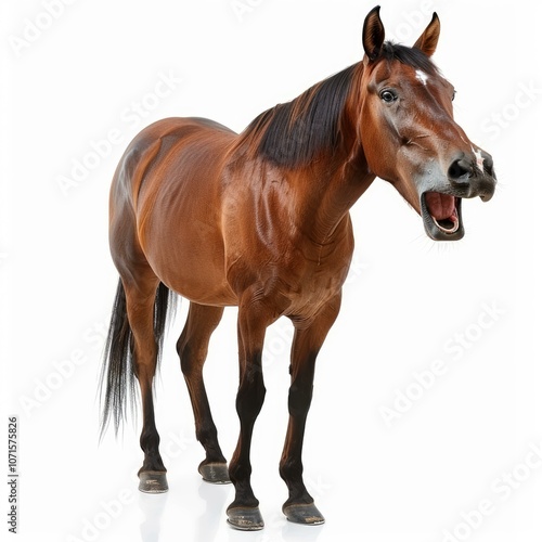 Chestnut horse neighing while standing on a white background photo