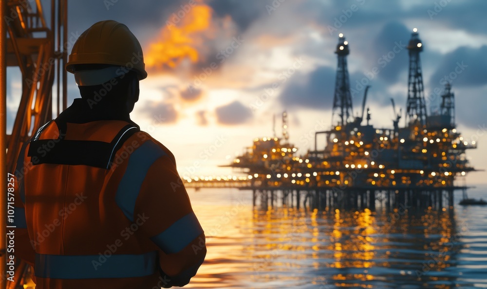 Worker Observing Offshore Oil Rig Operations Worker Observing Offshore Oil Rig Operations