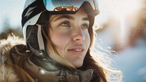 Young woman in ski gear enjoying a sunny day on the slopes with snow-covered mountains in the background during winter photo