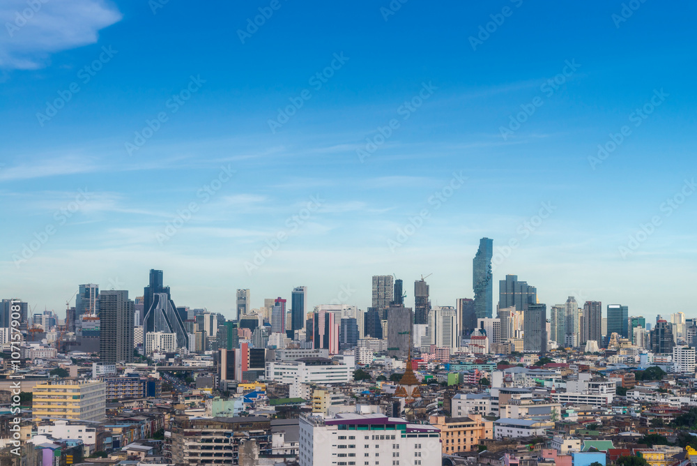 Modern Skyscraper of business center district at Bangkok skyline with blue sky background, Bangkok city is modern metropolis and favorite of tourists of Thailand