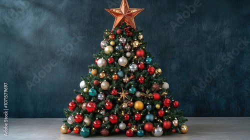 Decorative Christmas tree in a star shape adorned with baubles creates a festive atmosphere. The star-shaped Christmas tree with baubles offers ample space for your design needs.