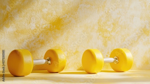 Yellow dumbbells placed against a neutral-colored background create a vibrant and eye-catching scene. The yellow dumbbells add a pop of color, perfect for fitness concepts with ample copy space. photo